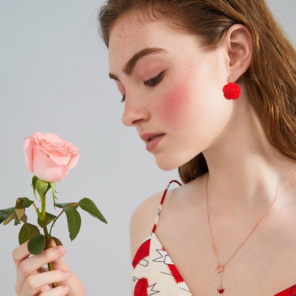 Elegant Sparkly Red Rose Earrings - Picture 2 of 6